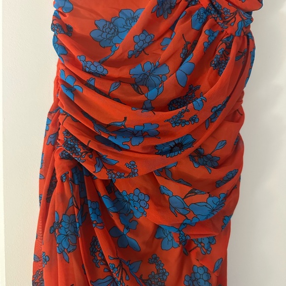 Versace One Shoulder Red and Blue Dress Red Mesh Floral Ruched Midi Dress β - Picture 3 of 9